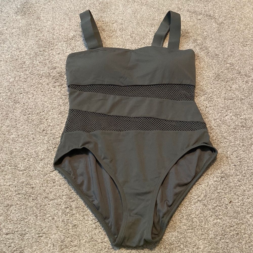 Carmen Marc Valvo army green One Piece women's mesh cutout swimsuit Size 12